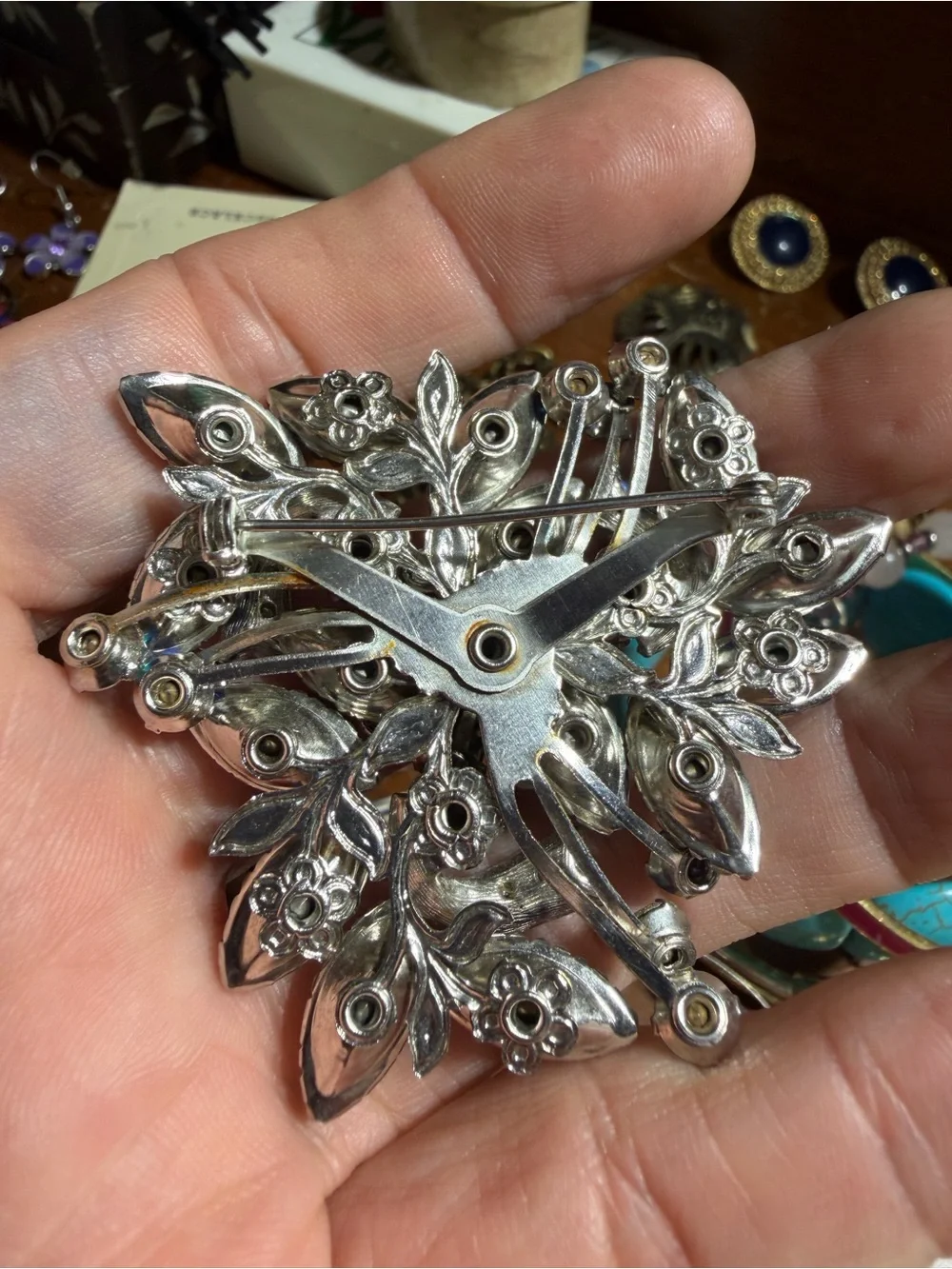 Vintage JUDY LEE Silver Tone Flower Corsage Blue Clear Rhinestones Brooch